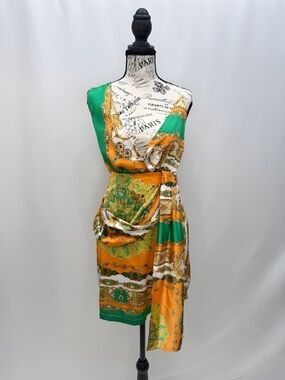 PrettyLittleThing Green, Gold & Orange Baroque Print Dress